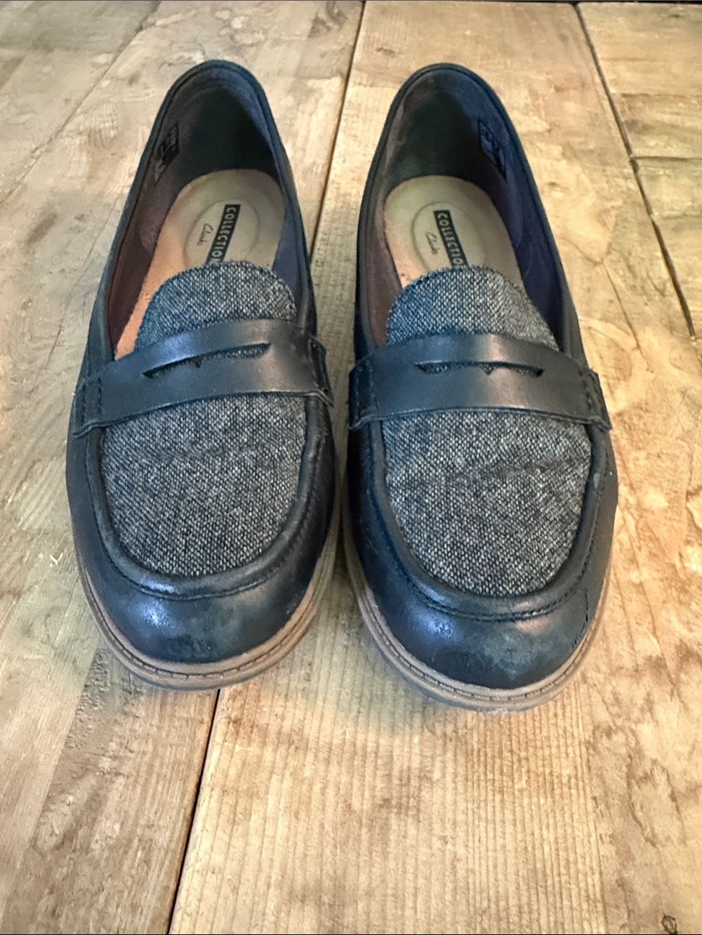 Clarks Women's Navy Leather and Grey Fabric Penny Loafers
